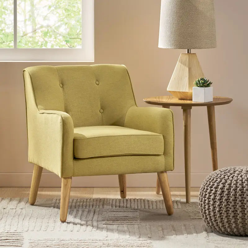 Fauteuil en tissu capitonné Mid-Century Modern avec pieds en bois naturel