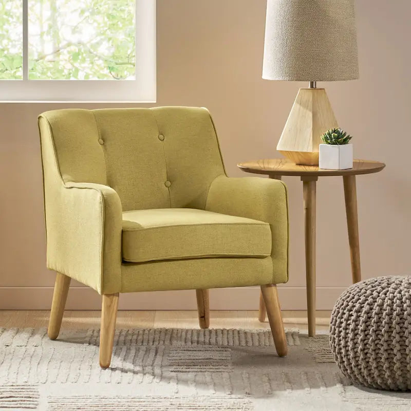 Fauteuil en tissu capitonné Mid-Century Modern avec pieds en bois naturel