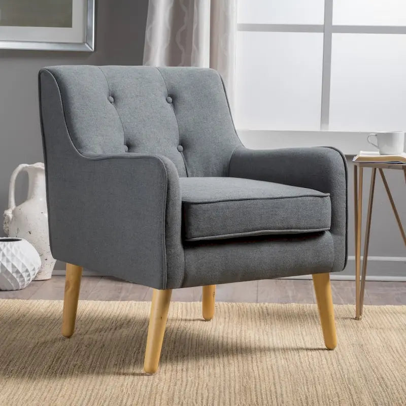Fauteuil en tissu capitonné Mid-Century Modern avec pieds en bois naturel