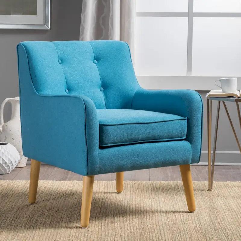 Fauteuil en tissu capitonné Mid-Century Modern avec pieds en bois naturel
