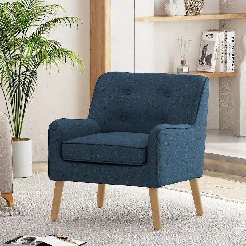 Fauteuil en tissu capitonné Mid-Century Modern avec pieds en bois naturel