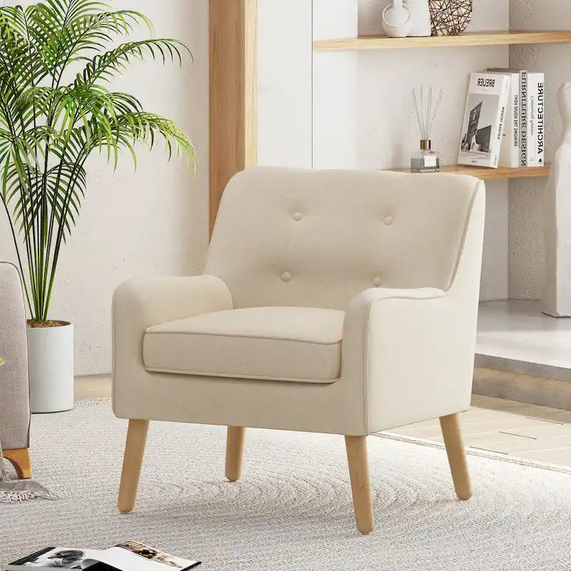 Fauteuil en tissu capitonné Mid-Century Modern avec pieds en bois naturel