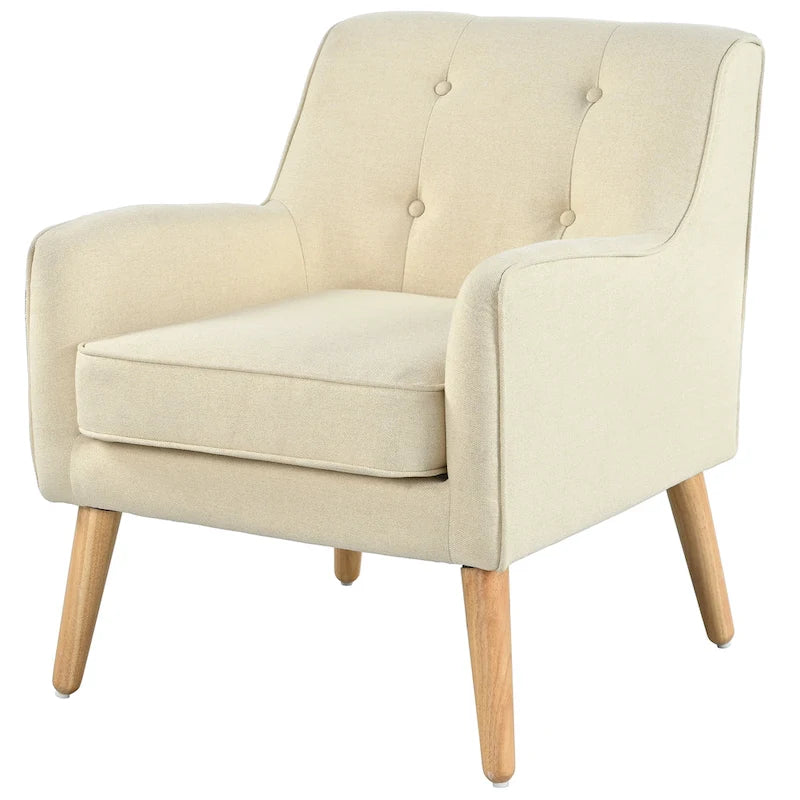 Fauteuil en tissu capitonné Mid-Century Modern avec pieds en bois naturel