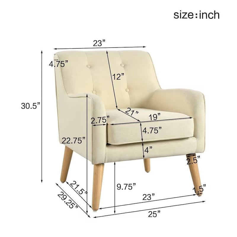 Fauteuil en tissu capitonné Mid-Century Modern avec pieds en bois naturel