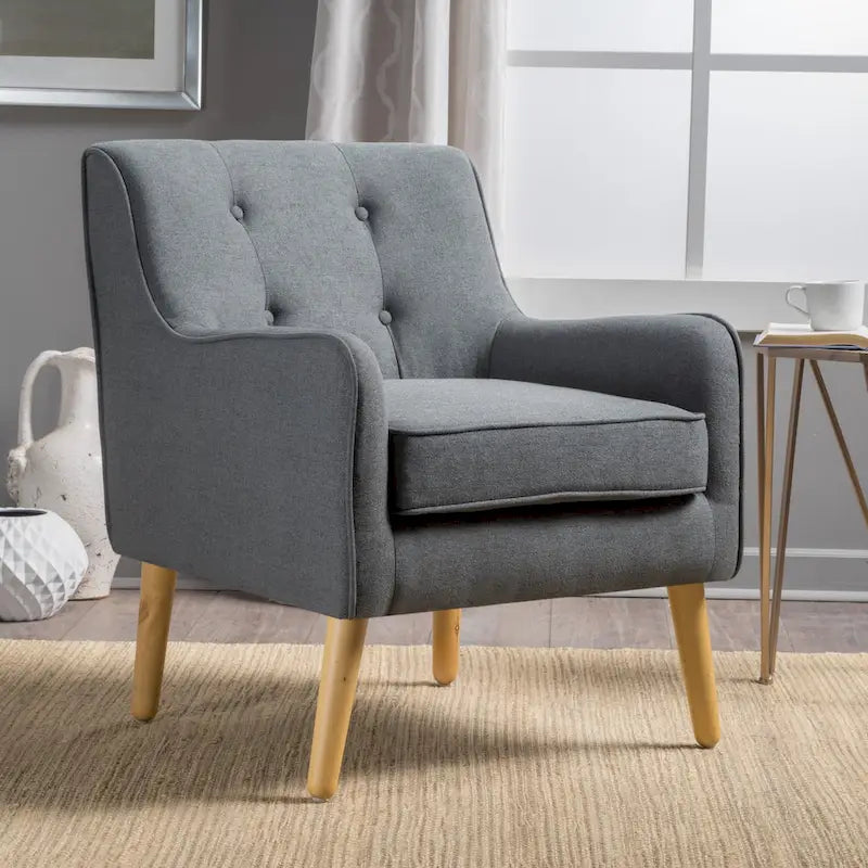 Fauteuil en tissu capitonné Mid-Century Modern avec pieds en bois naturel