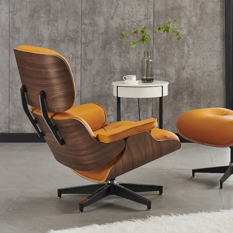 Fauteuil de salon pivotant à dossier haut en cuir véritable, style moderne du milieu du siècle, marron