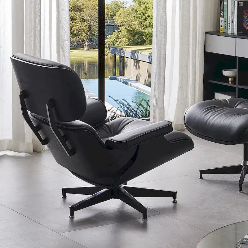 Fauteuil de salon pivotant à dossier haut en cuir véritable, style moderne du milieu du siècle, marron