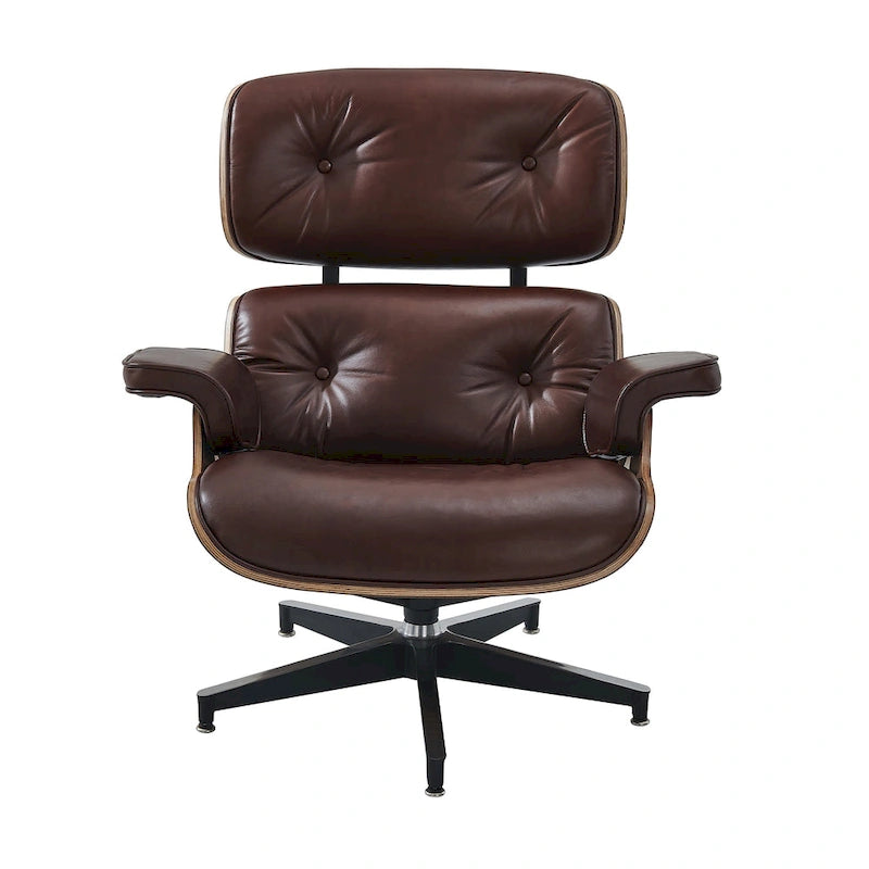 Fauteuil de salon pivotant à dossier haut en cuir véritable, style moderne du milieu du siècle, marron