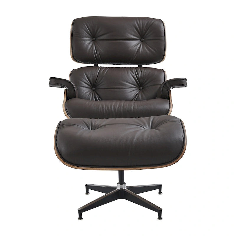 Fauteuil de salon pivotant à dossier haut en cuir véritable, style moderne du milieu du siècle, marron
