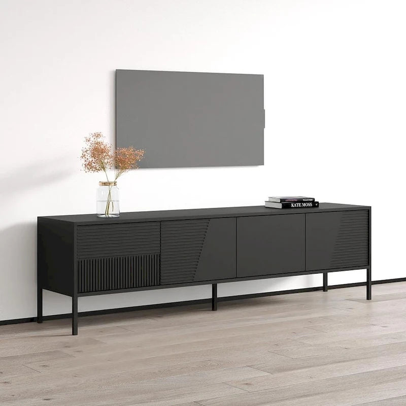 Meuble TV console moderne cannelé mat avec portes de rangement