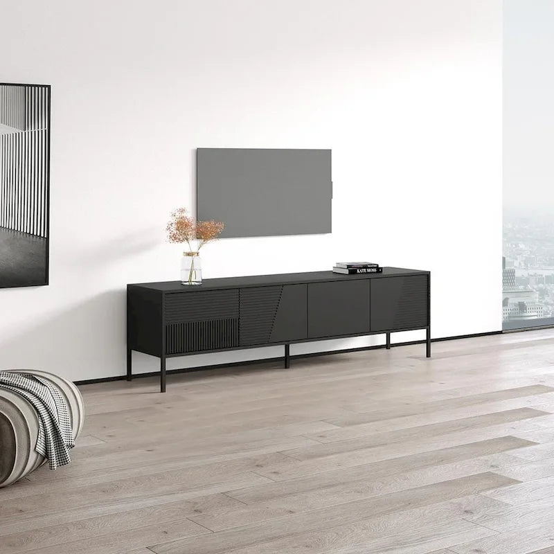 Meuble TV console moderne cannelé mat avec portes de rangement
