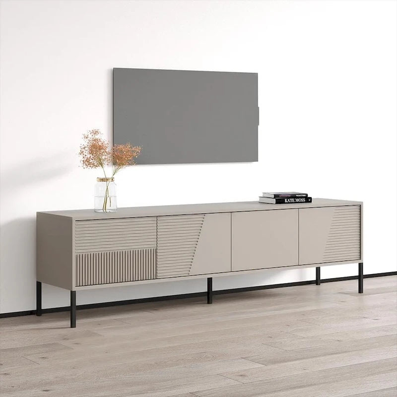 Meuble TV console moderne cannelé mat avec portes de rangement