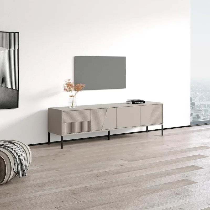 Meuble TV console moderne cannelé mat avec portes de rangement