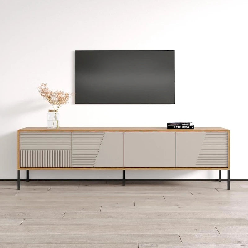 Meuble TV console moderne cannelé mat avec portes de rangement