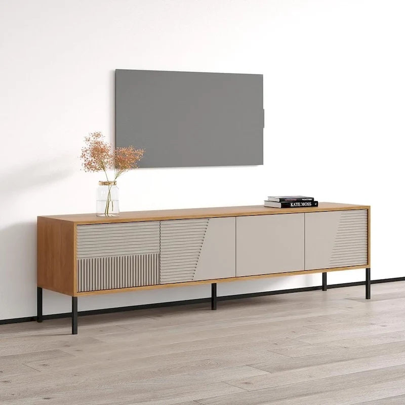 Meuble TV console moderne cannelé mat avec portes de rangement