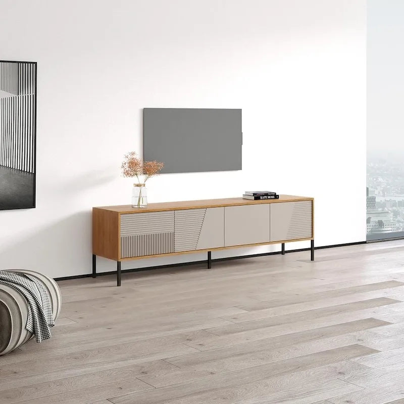 Meuble TV console moderne cannelé mat avec portes de rangement