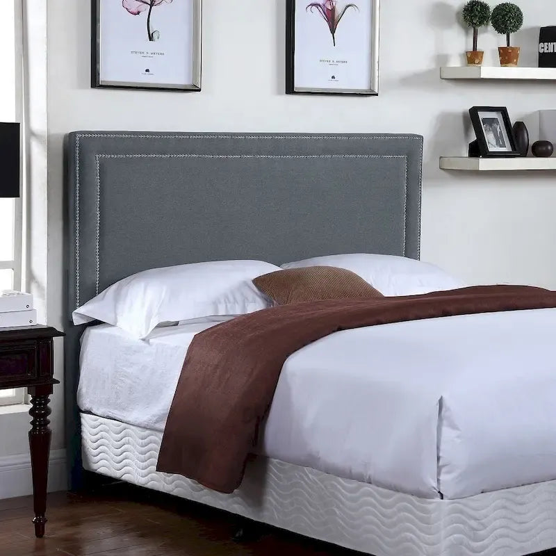 Tête de lit capitonnée en tissu avec clous décoratifs, Gris et Beige