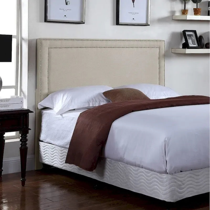 Tête de lit capitonnée en tissu avec clous décoratifs, Gris et Beige