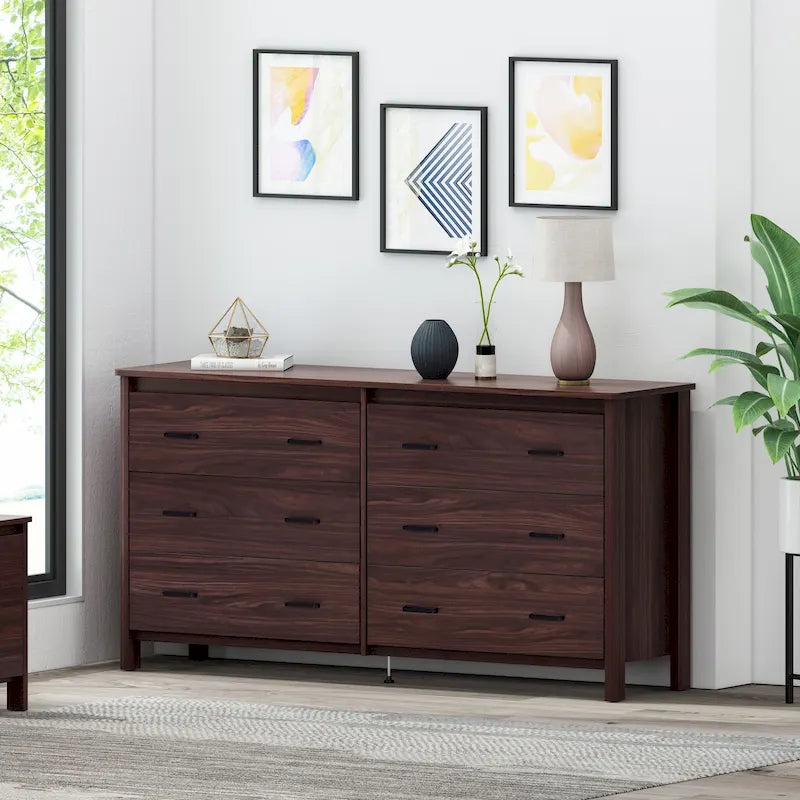 Commode large à 6 tiroirs, finition imitation bois, pour chambre à coucher, couleur noyer
