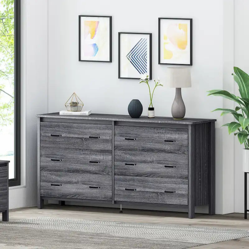 Commode large à 6 tiroirs, finition imitation bois, pour chambre à coucher, couleur noyer
