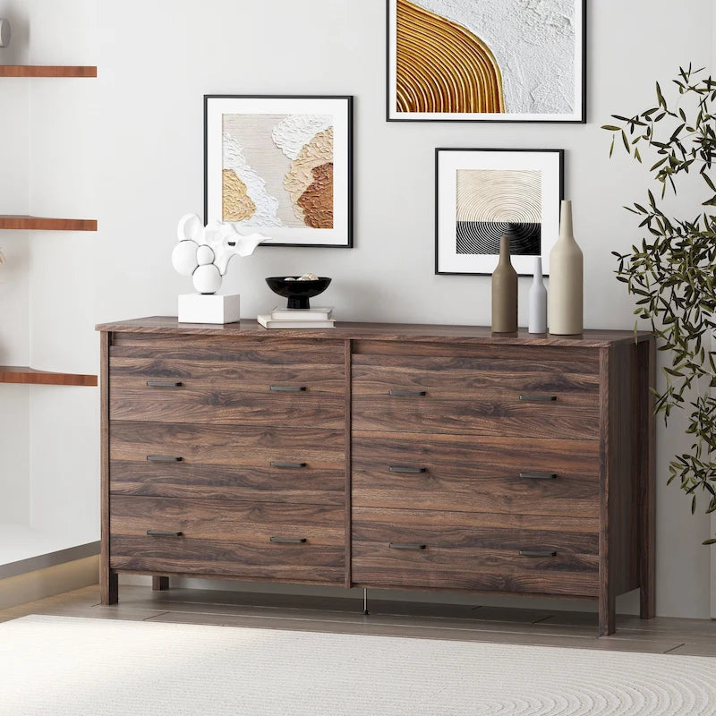 Commode large à 6 tiroirs, finition imitation bois, pour chambre à coucher, couleur noyer