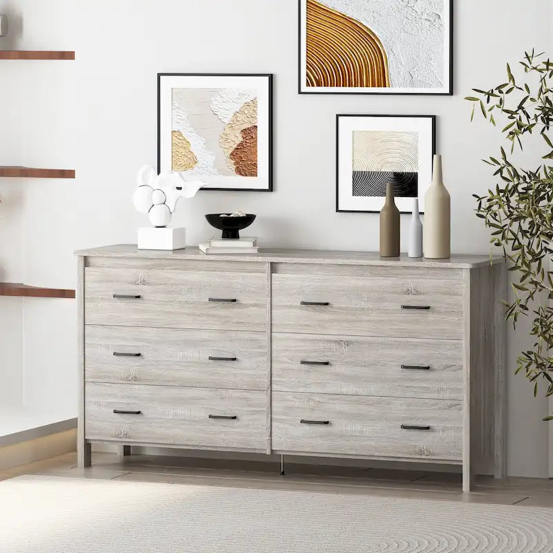 Commode large à 6 tiroirs, finition imitation bois, pour chambre à coucher, couleur noyer