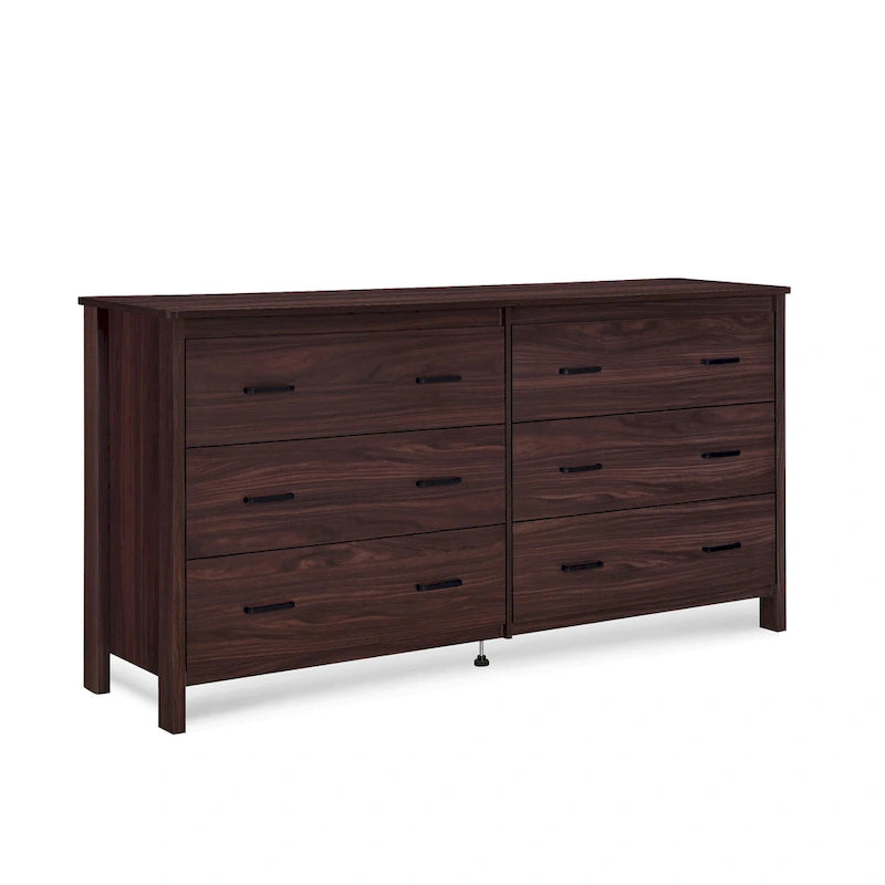 Commode large à 6 tiroirs, finition imitation bois, pour chambre à coucher, couleur noyer