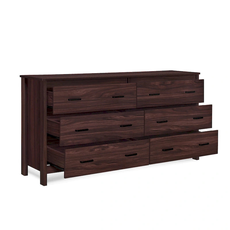 Commode large à 6 tiroirs, finition imitation bois, pour chambre à coucher, couleur noyer