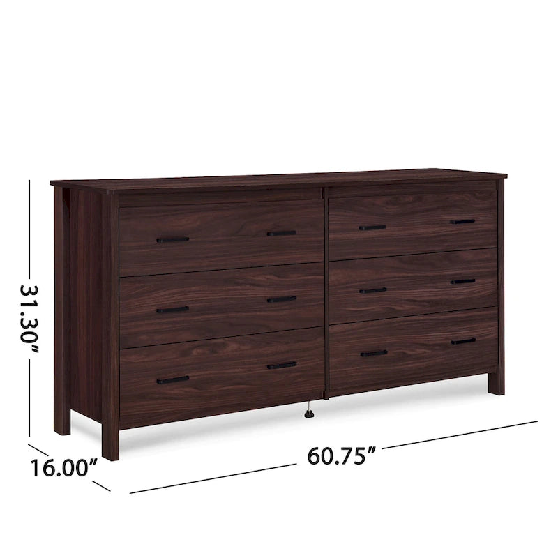 Commode large à 6 tiroirs, finition imitation bois, pour chambre à coucher, couleur noyer