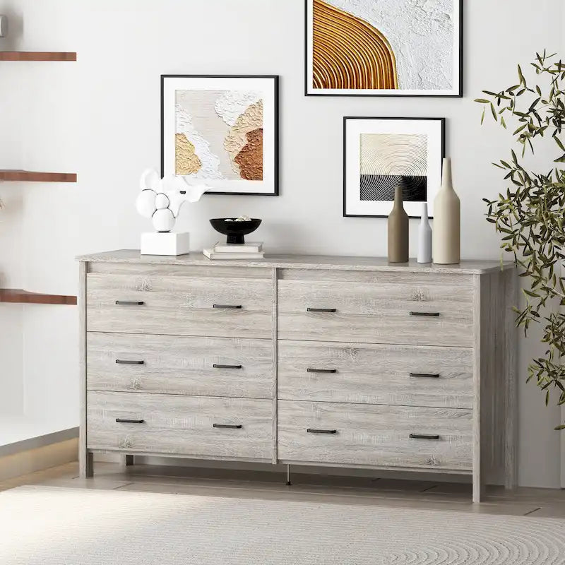 Commode large à 6 tiroirs, finition imitation bois, pour chambre à coucher, couleur noyer