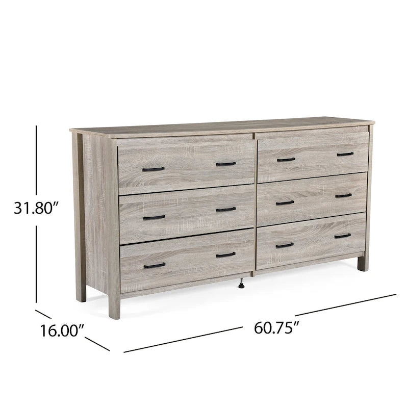Commode large à 6 tiroirs, finition imitation bois, pour chambre à coucher, couleur noyer