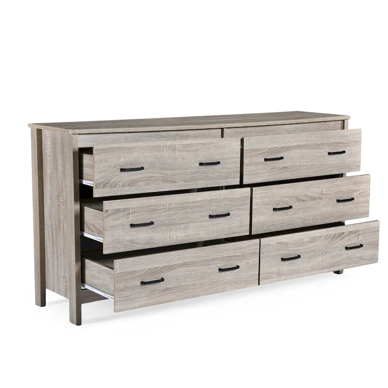 Commode large à 6 tiroirs, finition imitation bois, pour chambre à coucher, couleur noyer