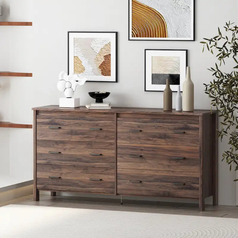 Commode large à 6 tiroirs, finition imitation bois, pour chambre à coucher, couleur noyer