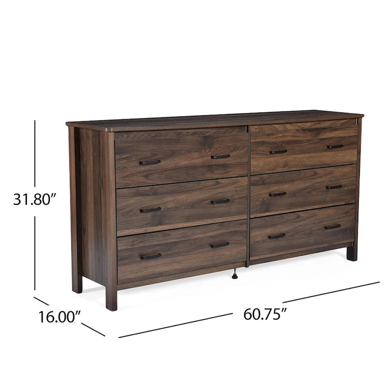 Commode large à 6 tiroirs, finition imitation bois, pour chambre à coucher, couleur noyer