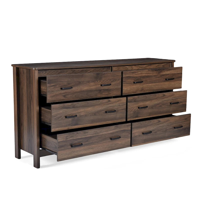 Commode large à 6 tiroirs, finition imitation bois, pour chambre à coucher, couleur noyer
