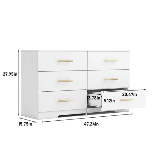 Commode double 6 tiroirs avec poignées dorées, blanc et noir, meuble de rangement de chambre à coucher