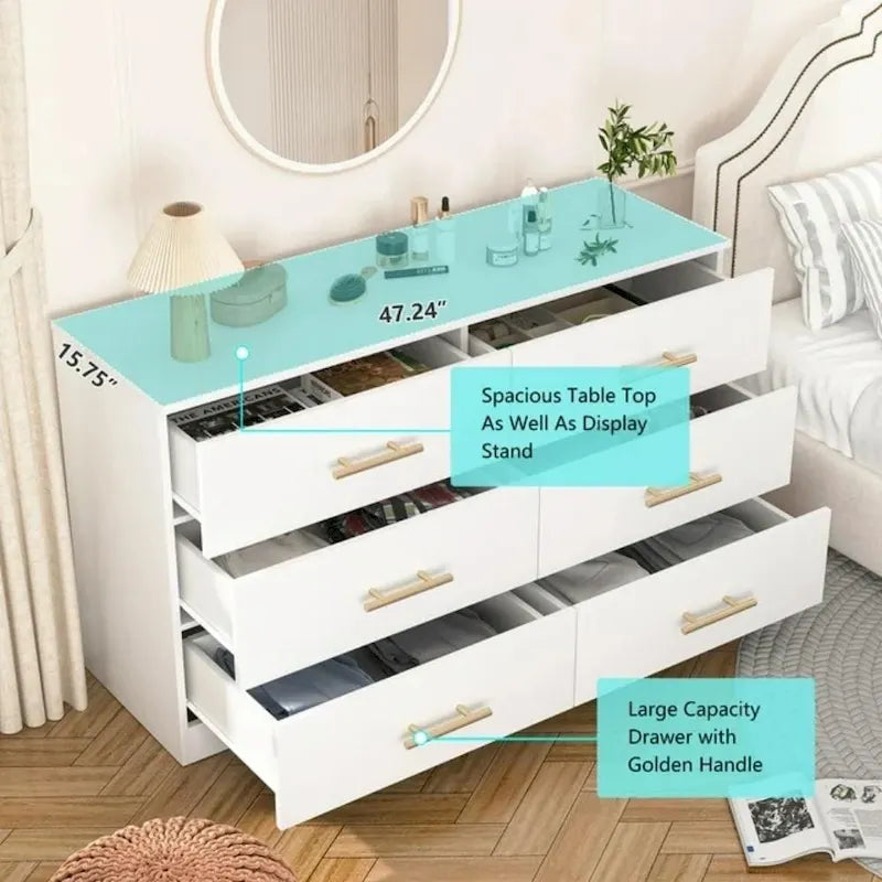 Commode double 6 tiroirs avec poignées dorées, blanc et noir, meuble de rangement de chambre à coucher