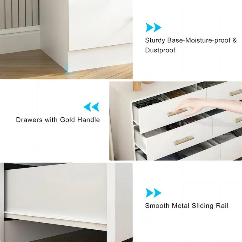 Commode double 6 tiroirs avec poignées dorées, blanc et noir, meuble de rangement de chambre à coucher