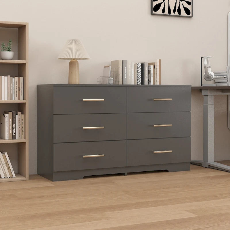 Commode double 6 tiroirs avec poignées dorées, blanc et noir, meuble de rangement de chambre à coucher