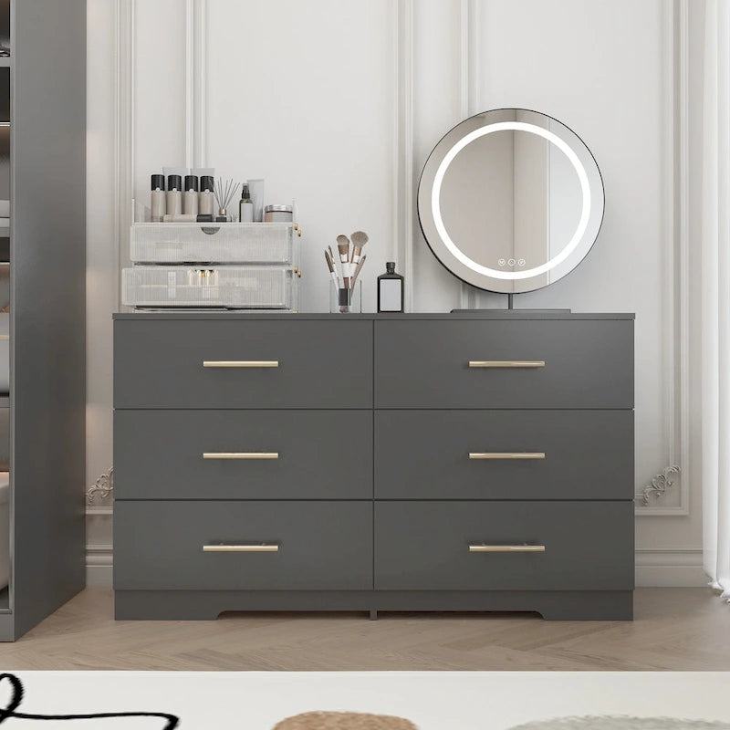 Commode double 6 tiroirs avec poignées dorées, blanc et noir, meuble de rangement de chambre à coucher
