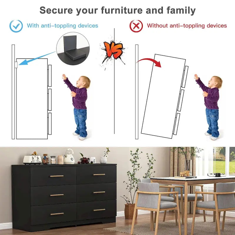 Commode double 6 tiroirs avec poignées dorées, blanc et noir, meuble de rangement de chambre à coucher