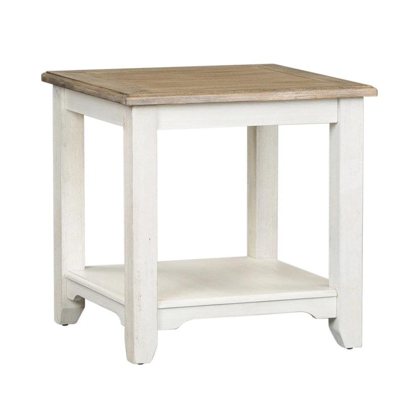 Table d'appoint carrée avec étagère inférieure, plateau en bois brossé blanc délavé