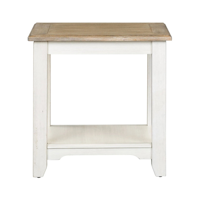 Table d'appoint carrée avec étagère inférieure, plateau en bois brossé blanc délavé