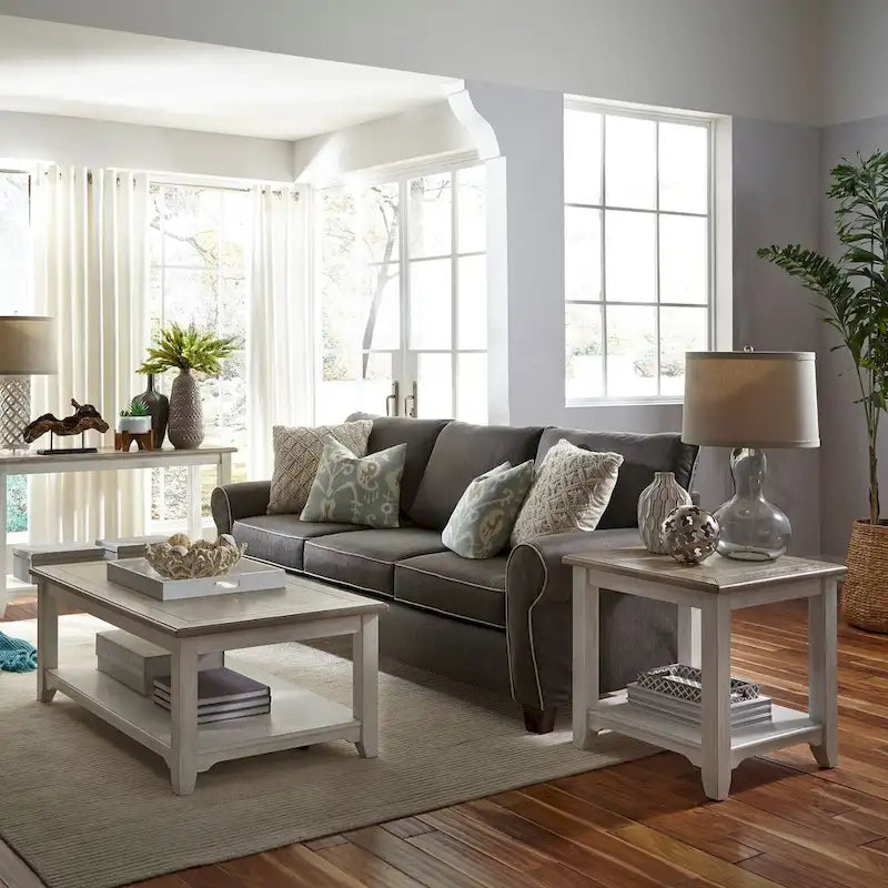 Table d'appoint carrée avec étagère inférieure, plateau en bois brossé blanc délavé