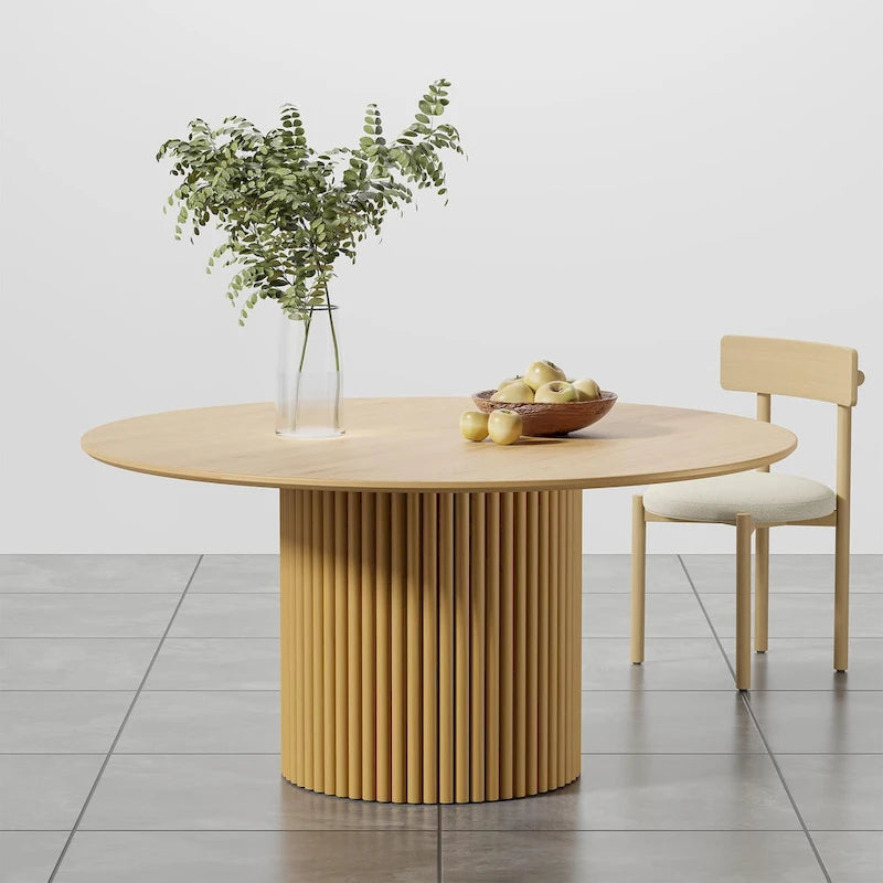 Table à manger ronde en chêne massif avec piètement central cannelé, finition bois noir ou naturel
