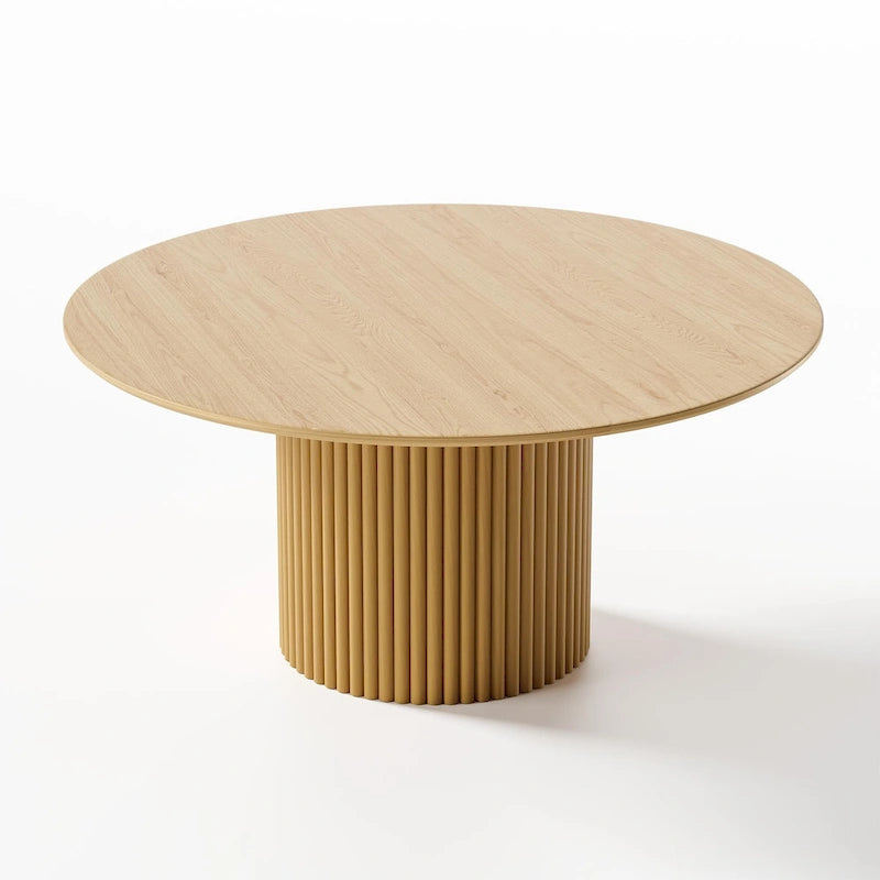 Table à manger ronde en chêne massif avec piètement central cannelé, finition bois noir ou naturel