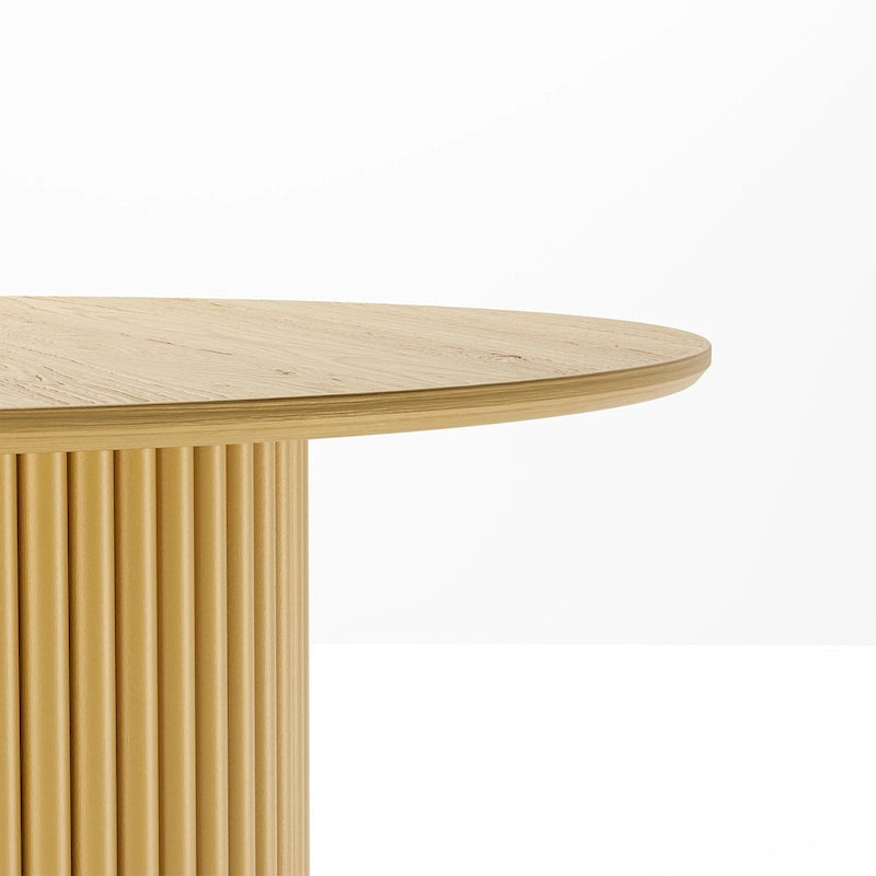 Table à manger ronde en chêne massif avec piètement central cannelé, finition bois noir ou naturel