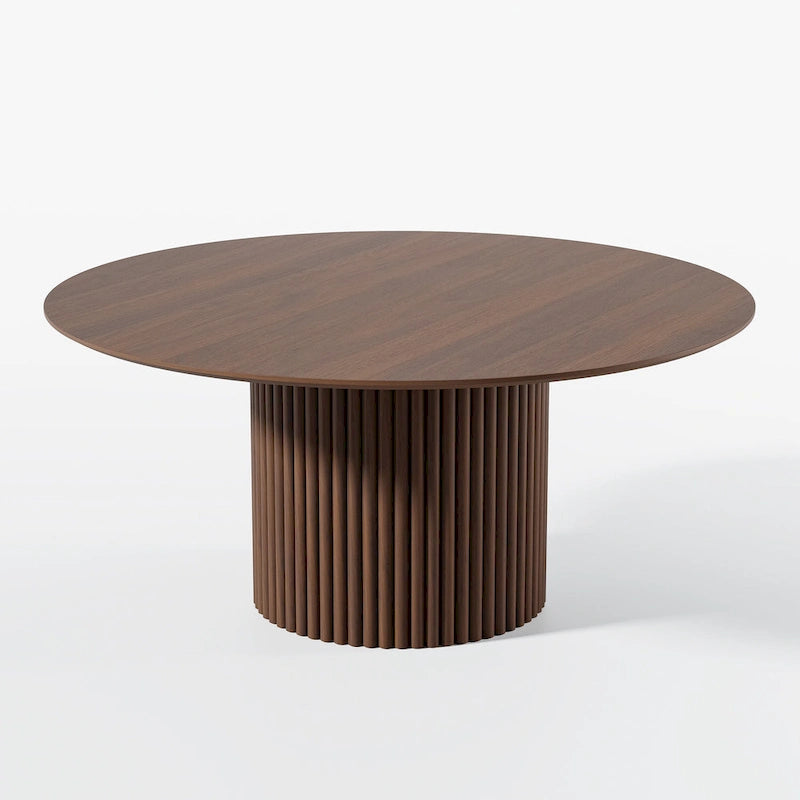 Table à manger ronde en chêne massif avec piètement central cannelé, finition bois noir ou naturel