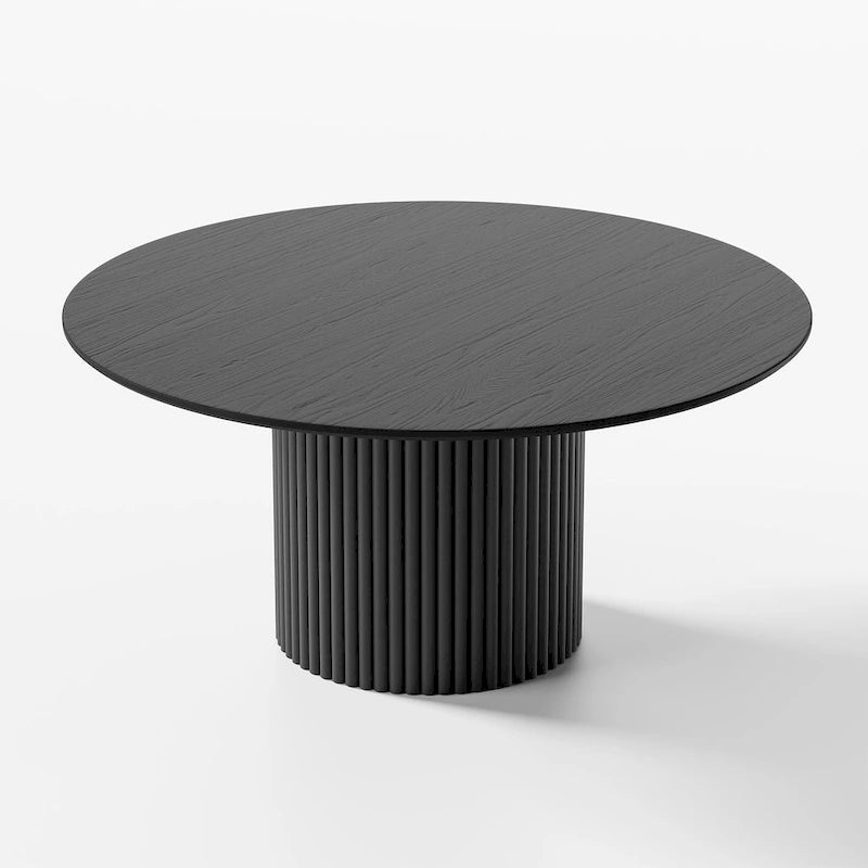Table à manger ronde en chêne massif avec piètement central cannelé, finition bois noir ou naturel