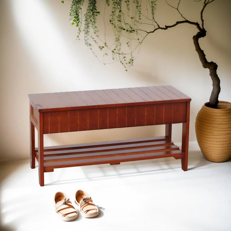 Banc de rangement pour chaussures en bois massif avec étagère inférieure Cerise Blanc